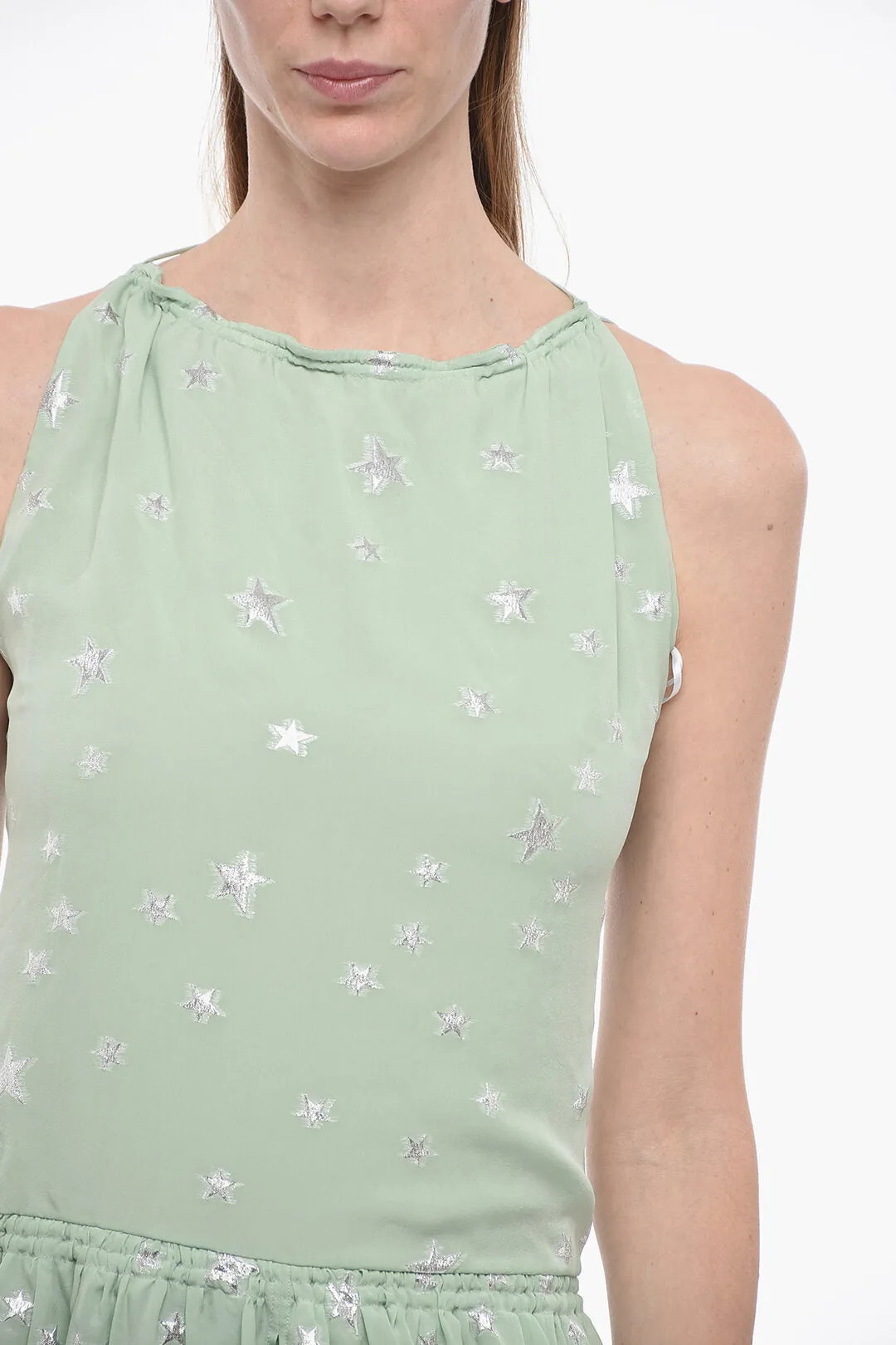 Amiri Silk Halterneck Dress with Lurex Stars and Front Slit