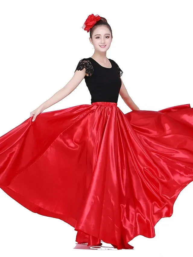 Flamenco Dress Spain Latin Ballroom Dance Skirts Gore Women's Performance Natural Matte Satin