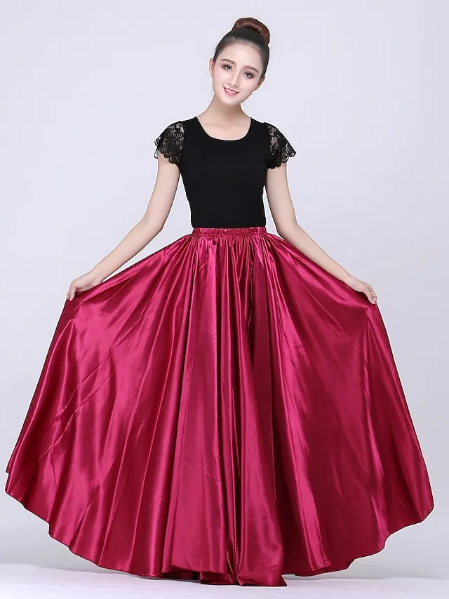Flamenco Dress Spain Latin Ballroom Dance Skirts Gore Women's Performance Natural Matte Satin