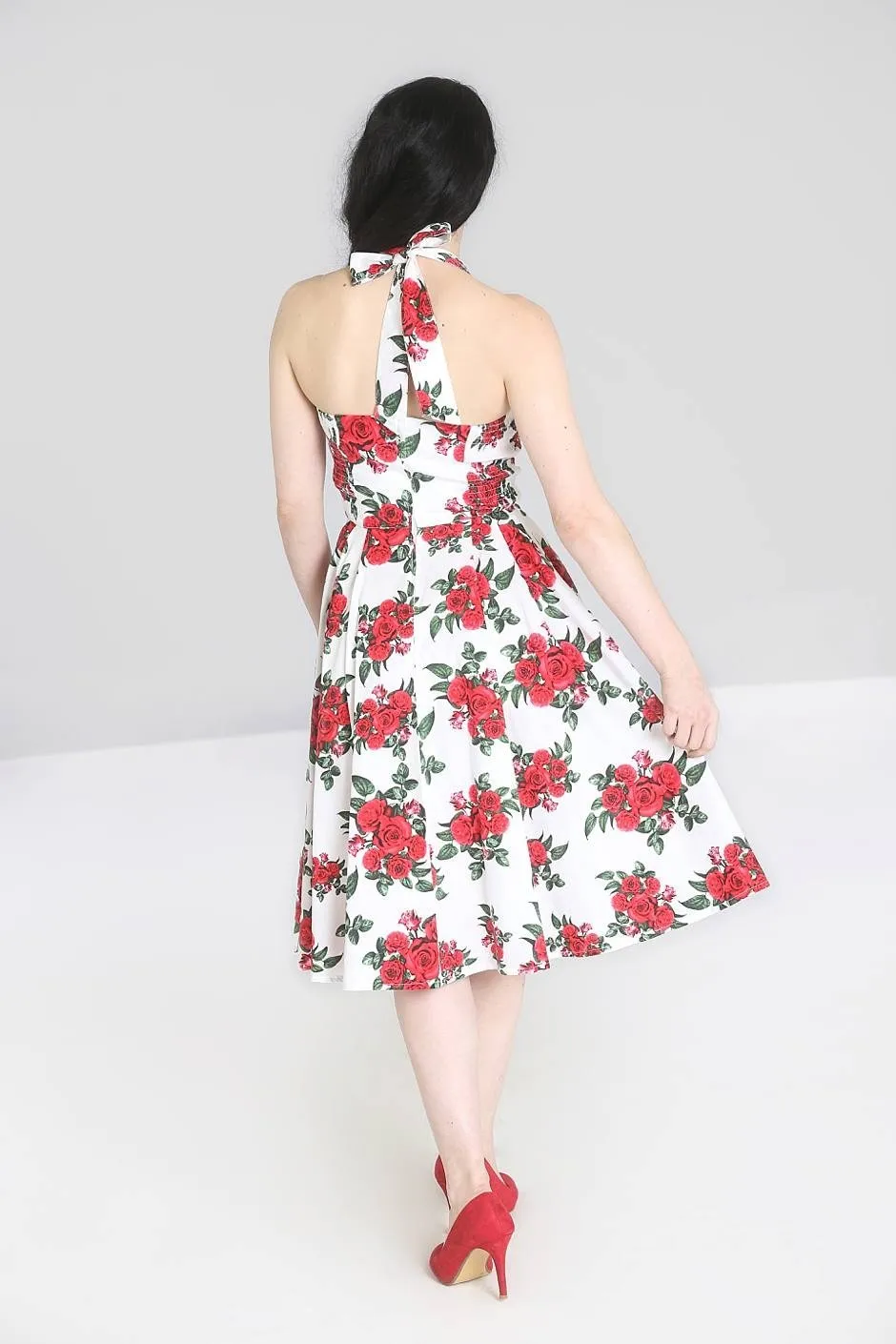 Hell Bunny 50’s Vintage Red Rose Floral Print White Halter Party Dress - Cannes Dress