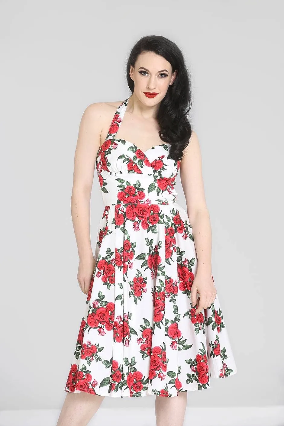 Hell Bunny 50’s Vintage Red Rose Floral Print White Halter Party Dress - Cannes Dress