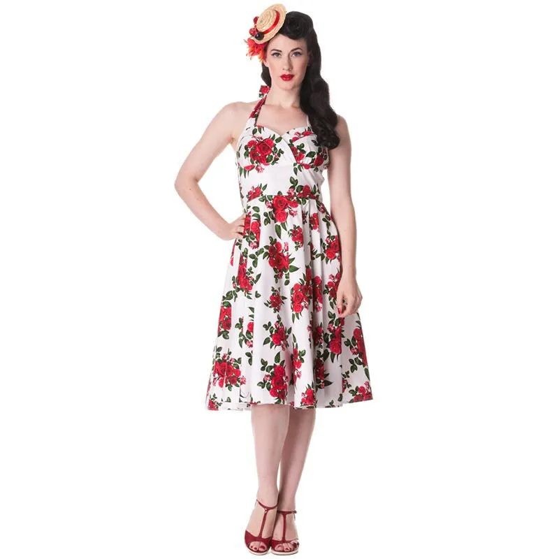 Hell Bunny 50’s Vintage Red Rose Floral Print White Halter Party Dress - Cannes Dress