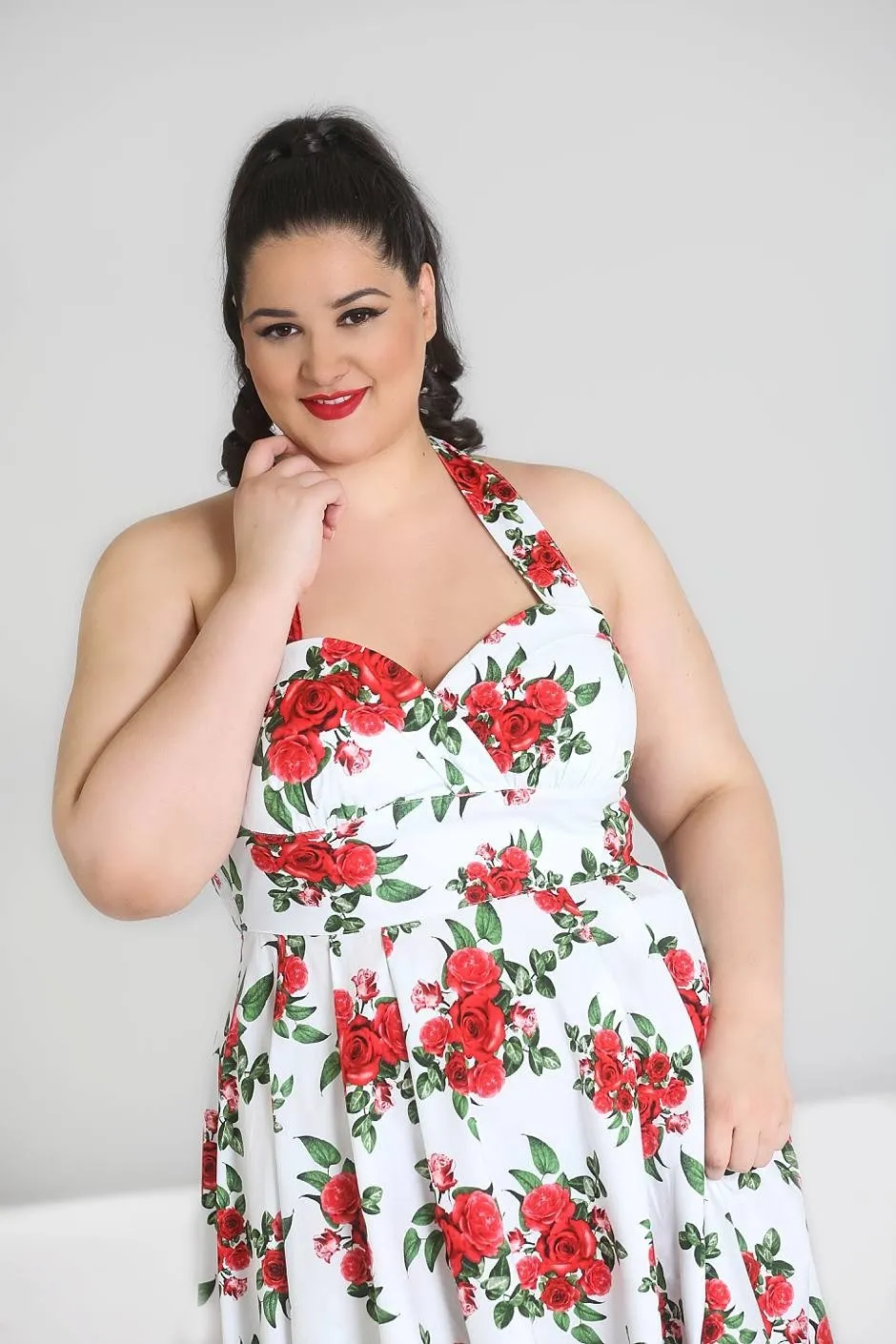 Hell Bunny 50’s Vintage Red Rose Floral Print White Halter Party Dress - Cannes Dress