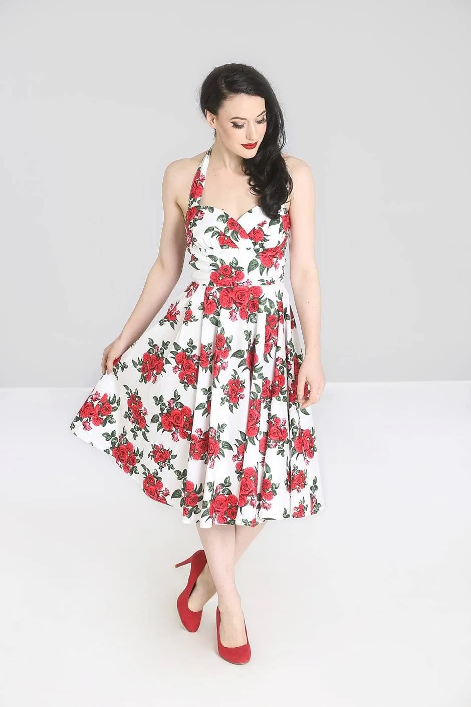 Hell Bunny 50’s Vintage Red Rose Floral Print White Halter Party Dress - Cannes Dress
