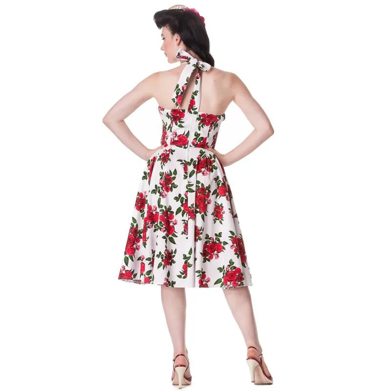 Hell Bunny 50’s Vintage Red Rose Floral Print White Halter Party Dress - Cannes Dress