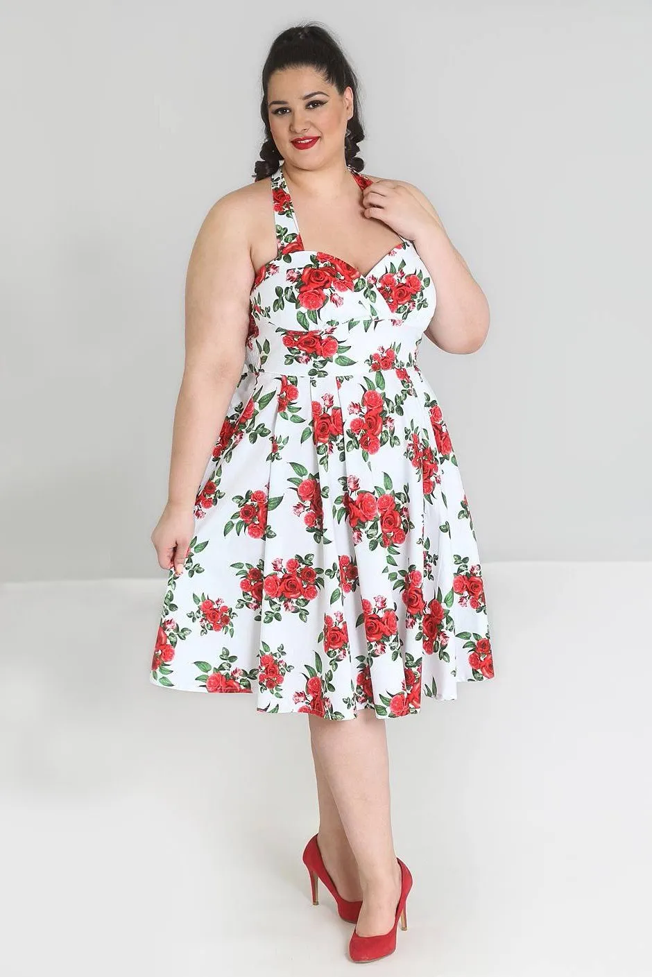 Hell Bunny 50’s Vintage Red Rose Floral Print White Halter Party Dress - Cannes Dress