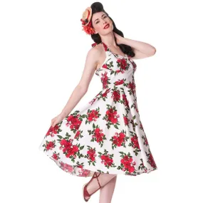 Hell Bunny 50’s Vintage Red Rose Floral Print White Halter Party Dress - Cannes Dress