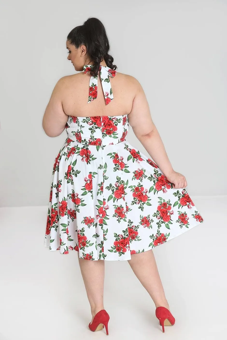 Hell Bunny 50’s Vintage Red Rose Floral Print White Halter Party Dress - Cannes Dress