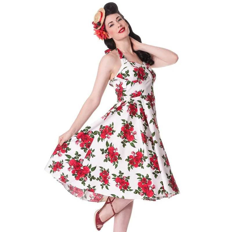 Hell Bunny 50’s Vintage Red Rose Floral Print White Halter Party Dress - Cannes Dress