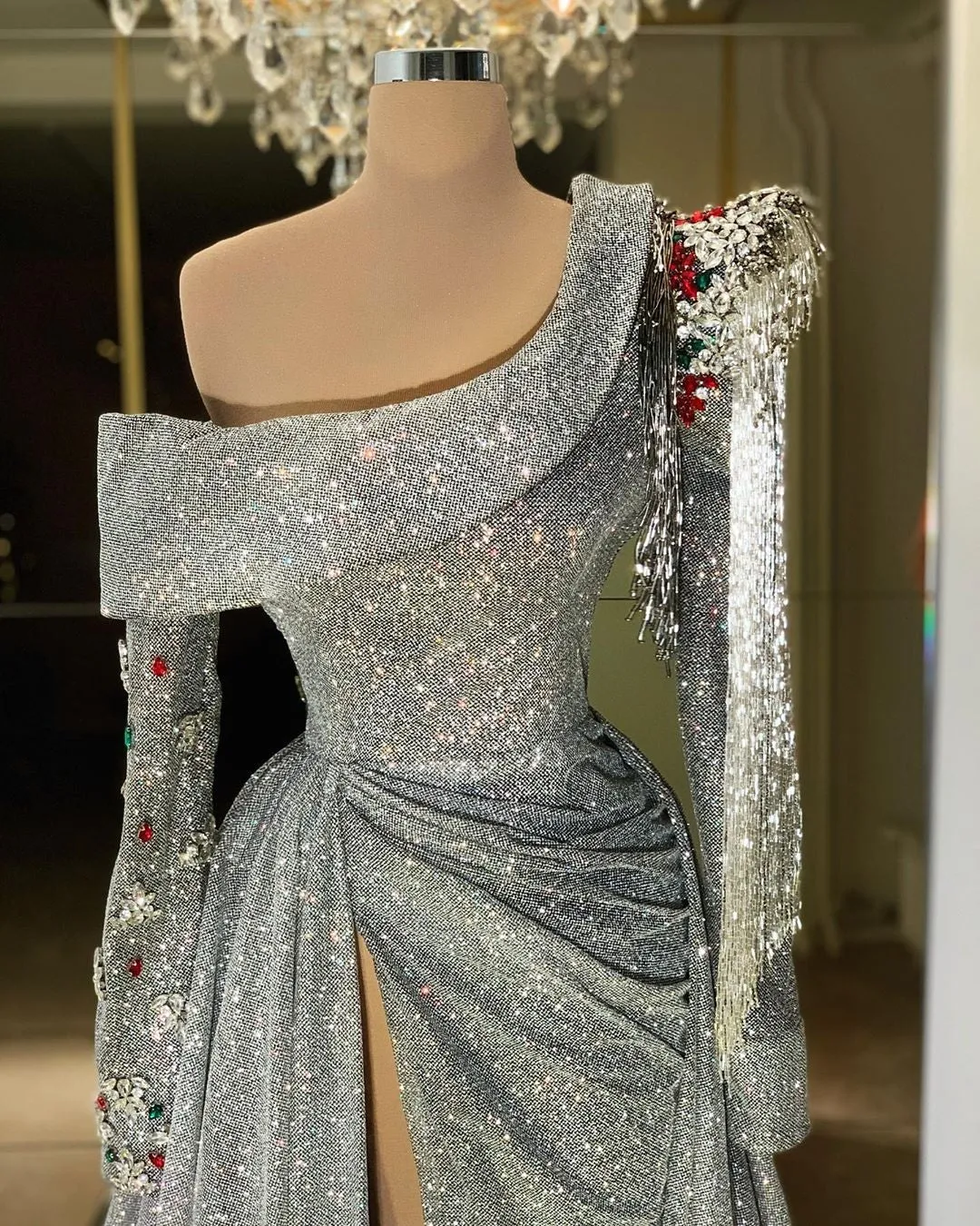 Mariah Long Sleeves Silver Evening Dress