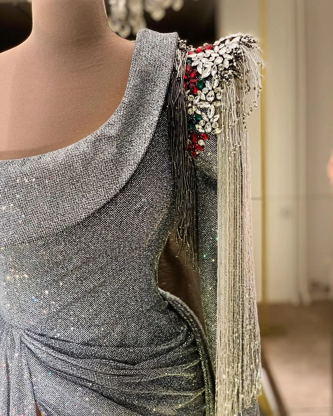 Mariah Long Sleeves Silver Evening Dress
