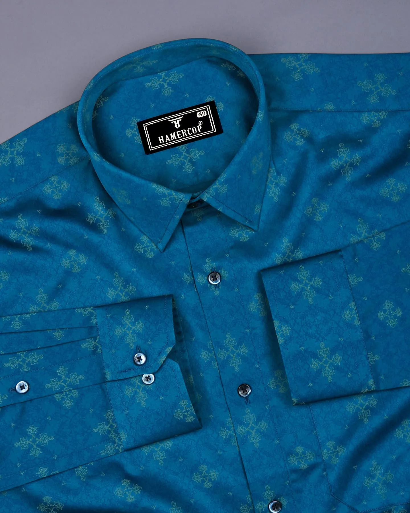 Maya Blue With Yellow Printed Premium Satin Cotton Shirt