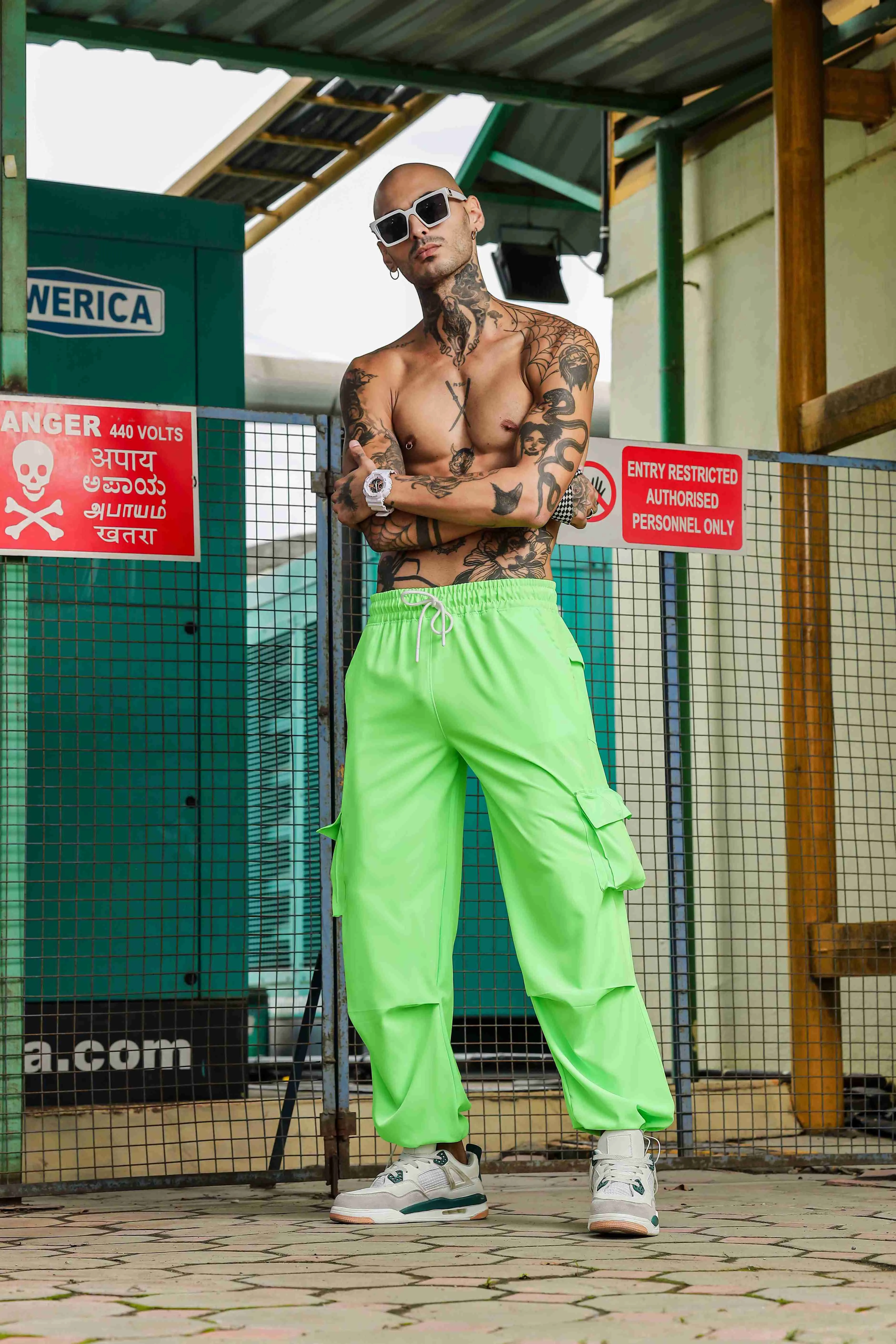 Unisex Baggy Fit  Neon Green Parachute Cargo Trousers