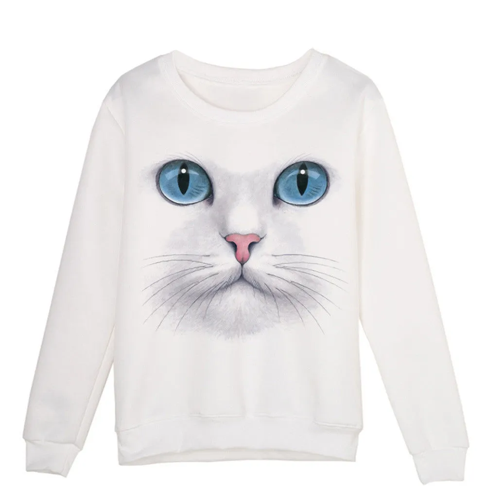 Women 3D Beads Cat Sweatshirt O Neck Pullovers Long Sleeve Blouse Tops